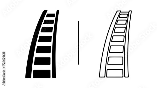 Two stylized illustrations of a roller coaster track in black and white.