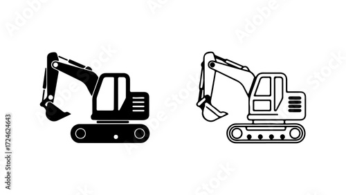 Two Stylized Illustrations of an Excavator Machine.