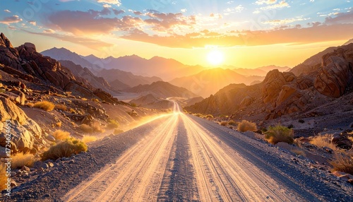 A sun-drenched gravel road stretches towards distant mountains, under a vibrant sunset with golden light and wispy clouds