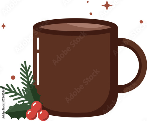 Warm brown mug of hot chocolate with festive holiday decorations.