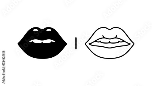 Two stylized lips one solid black and one outlined representing beauty and expression.