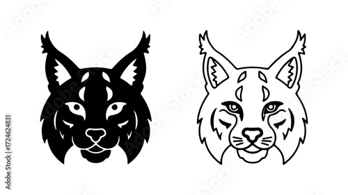 Two stylized lynx head illustrations one black silhouette and one line art.