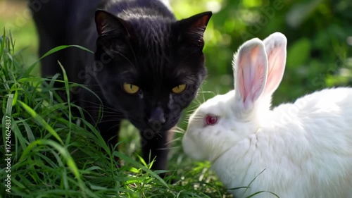 Black cat and white rabbit in grass