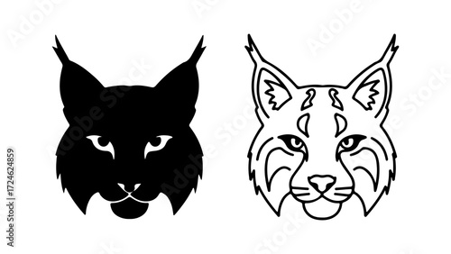Two stylized lynx head illustrations one solid black and one outline facing forward.