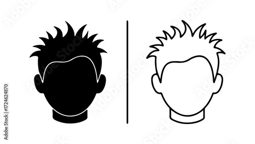 Two stylized male head icons with spiky hair in black and outline versions.