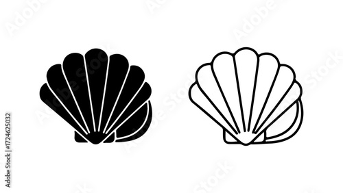 Two Stylized Scallop Shell Icons in Black and White.