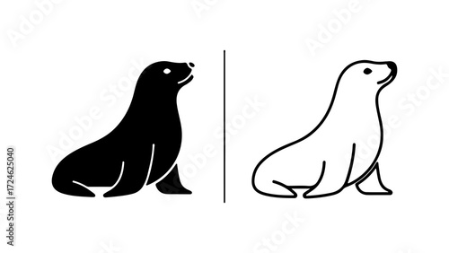 Two stylized seals one solid black and one outlined facing right with heads slightly raised.