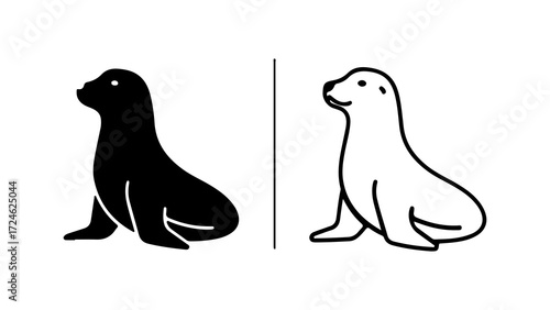 Two stylized seal illustrations one black and one white side view seated position.