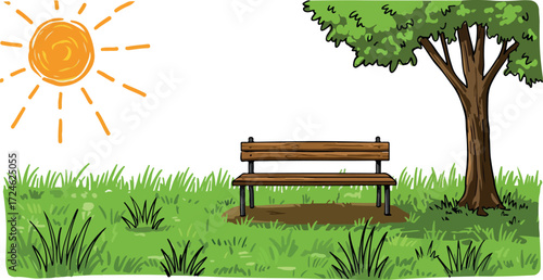 Wooden bench in the park under the shade of a tree on a sunny day.