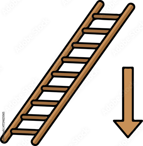 Wooden ladder with arrow pointing down represents descent or decline.