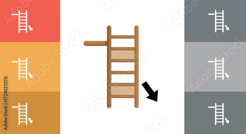 Wooden ladder with a black arrow pointing downwards indicating descent.