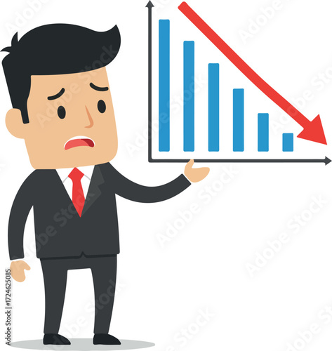 Worried businessman shows a declining graph indicating financial loss.