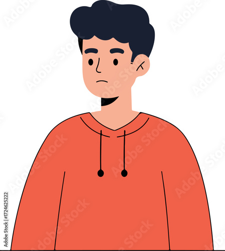 Young man in orange hoodie looking slightly concerned and thoughtful.
