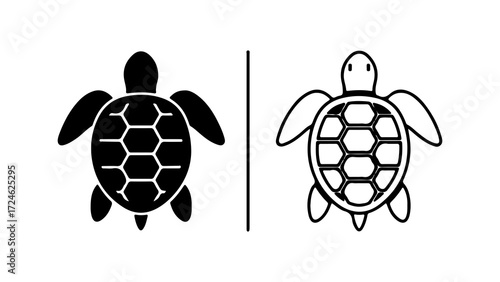 Two Stylized Turtle Icons One Solid Black One Outline.