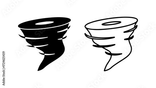 Two tornado illustrations in black and white showing the power of nature.