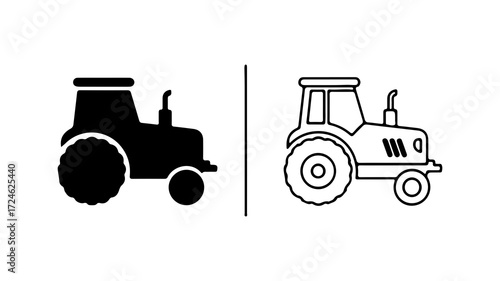 Two tractor icons one solid black and one outline drawing 1.