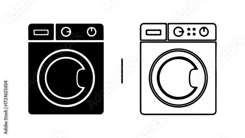 Two Washing Machine Icons Black and White Vector Illustration.