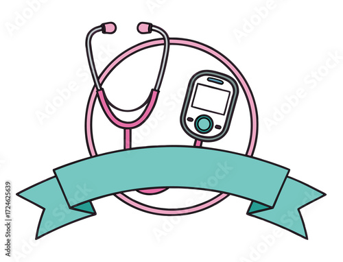 Medical equipment stethoscope glucose meter and ribbon banner illustration