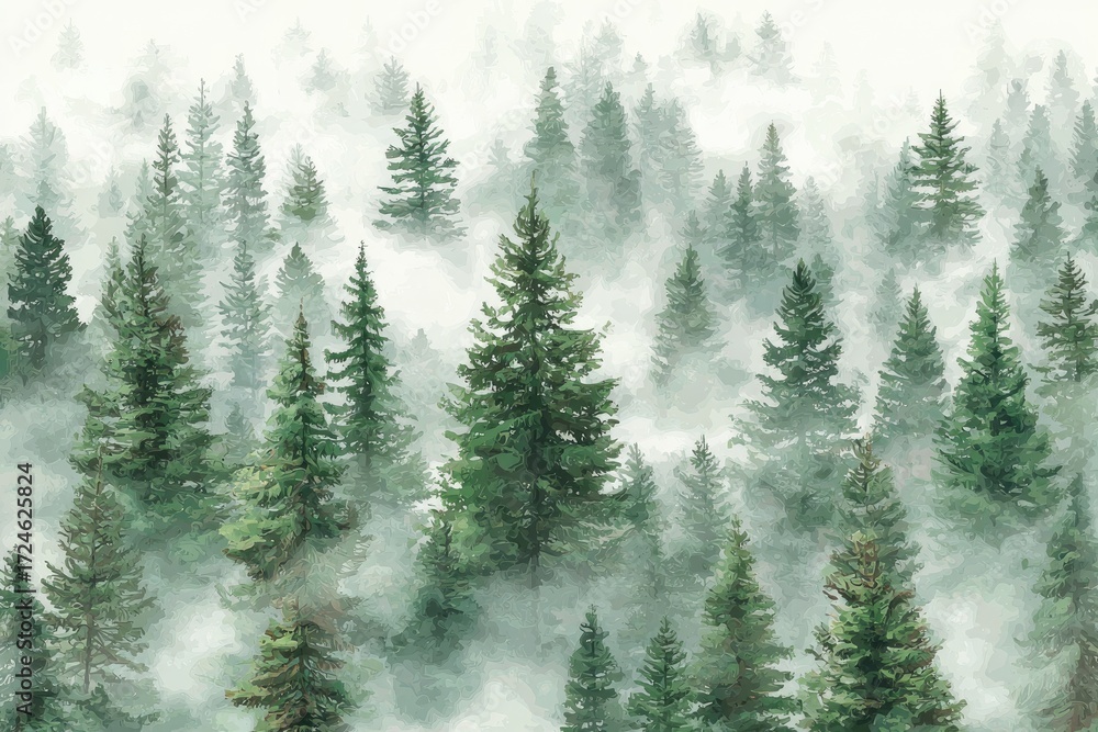 Fototapeta premium Misty evergreen forest. High-angle view