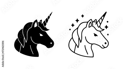 Unicorn Head Silhouette and Line Art Icon Set 1.