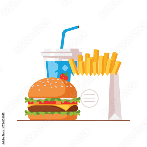 A delicious, classic fast food meal featuring a juicy hamburger, crispy french fries in a paper bag, and a refreshing blue beverage with a straw.
