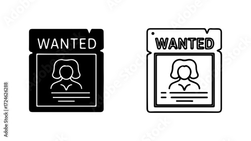 Wanted poster featuring a female figure two variations black and white outline style vintage design law enforcement criminal justice system.
