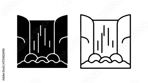 Waterfall illustration in black and white simple design nature scene water flowing.