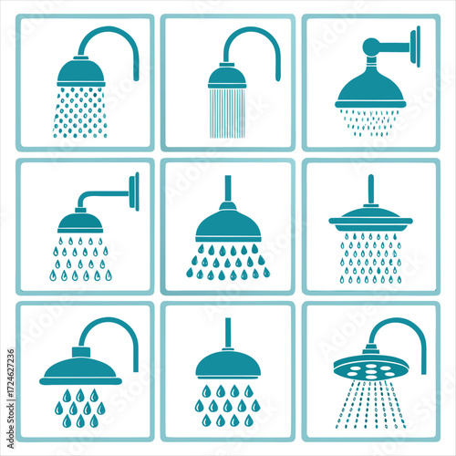 Collection of nine different shower head icons in teal blue