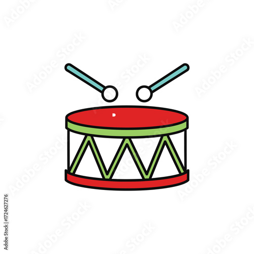 Cartoon drum with drumsticks illustration music instrument percussion child kid children kids toy play red green simple graphic design