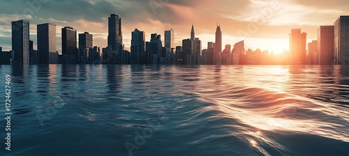 Flooded city at sunset, a serene yet unsettling postapocalyptic scenery