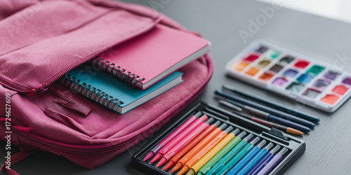 Wallpaper Mural Pink backpack with notebooks and art supplies on desk   Torontodigital.ca