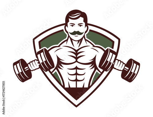 Strong man with mustache lifting dumbbells fitness gym workout illustration