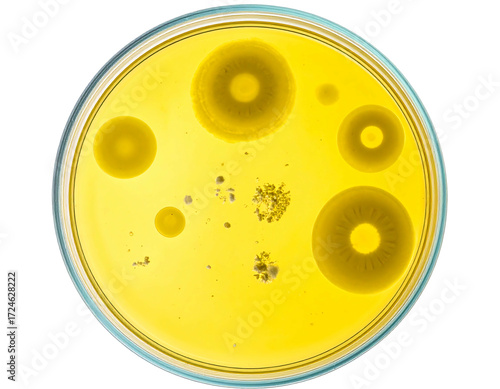 Petri dish with various microbial colonies