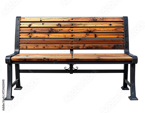 Rustic wooden park bench with metal frame