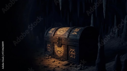 Mysterious treasure chest with ancient symbols in a dark cave, hidden treasure and discovery concept, fantasy, adventure, treasure hunt