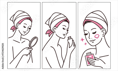 Woman applying skincare products in a three panel illustration