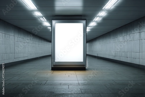 Fototapeta Naklejka Na Ścianę i Meble -  Empty billboard in a dark underground tunnel