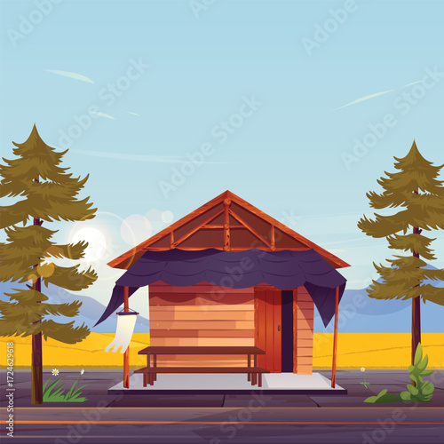 Illustration of a hut with a rural landscape, nature, trees, and sunlight