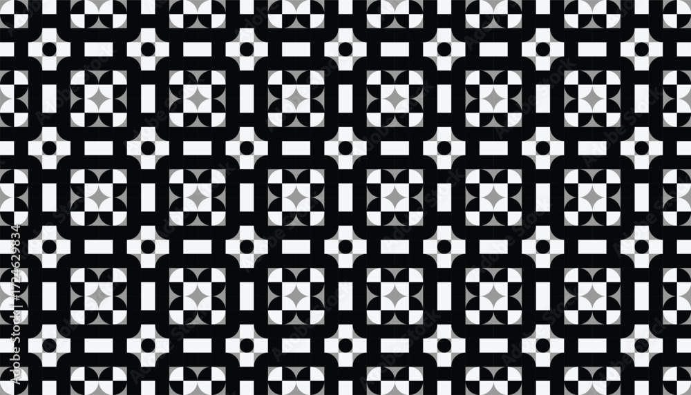 Fototapeta premium Minimalist black and white geometric seamless pattern with abstract square and triangle shapes