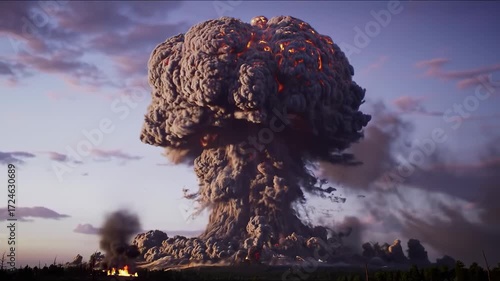 Massive explosion with dark smoke and flames against a twilight sky