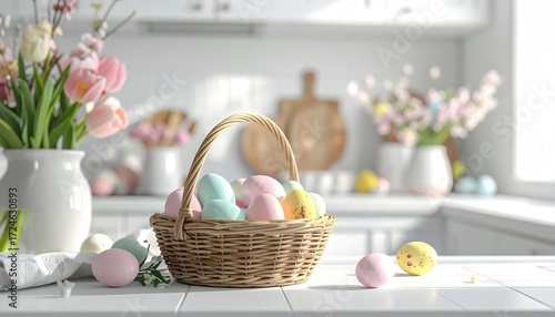 Easter still life eggs in a woven basket on a bright white kitchen counter, with soft pink tulips and spring blossoms in the background