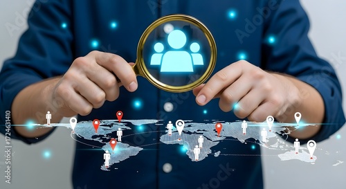 Person holding magnifying glass over people icon above world map with location markers graphic
