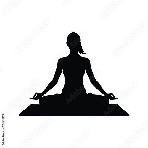 Silhouette of a woman practicing yoga in lotus position on yoga mat, woman doing yoga on mat silhouette vector illustration