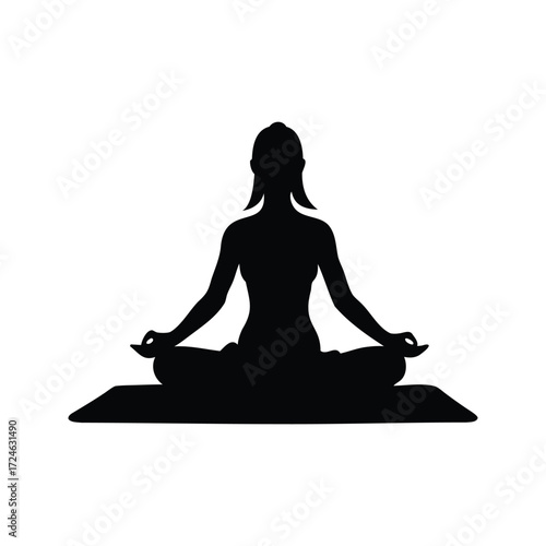 Silhouette of woman in lotus position practicing meditation on a yoga mat, woman doing yoga on mat silhouette vector illustration