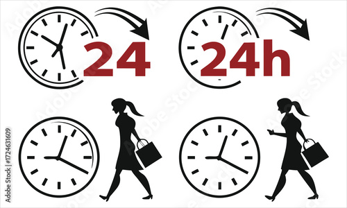 24 hour service clock and woman silhouette icons