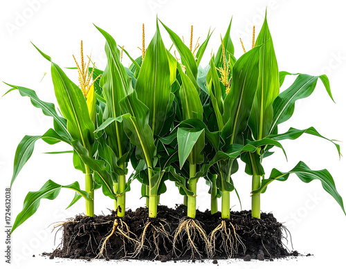 Corn plants sprout from rich soil. Lush green leaves and visible roots