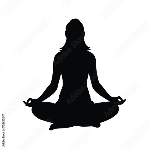 Silhouette of a woman meditating in lotus position promoting mindfulness and relaxation, woman meditating crosslegged silhouette vector illustration