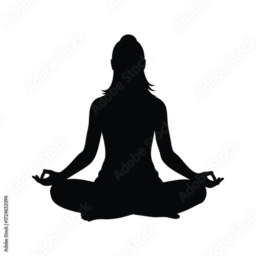 Silhouette of a woman meditating in lotus pose, embracing inner peace, woman meditating crosslegged silhouette vector illustration