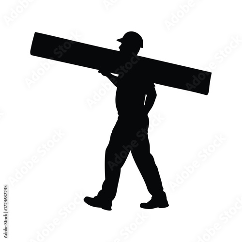 Silhouette of a construction worker carrying a heavy plank on his shoulder, worker holding plank silhouette vector illustration
