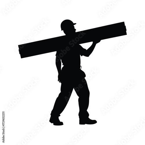 Silhouette of a construction worker carrying a heavy beam on his shoulder, worker holding plank silhouette vector illustration